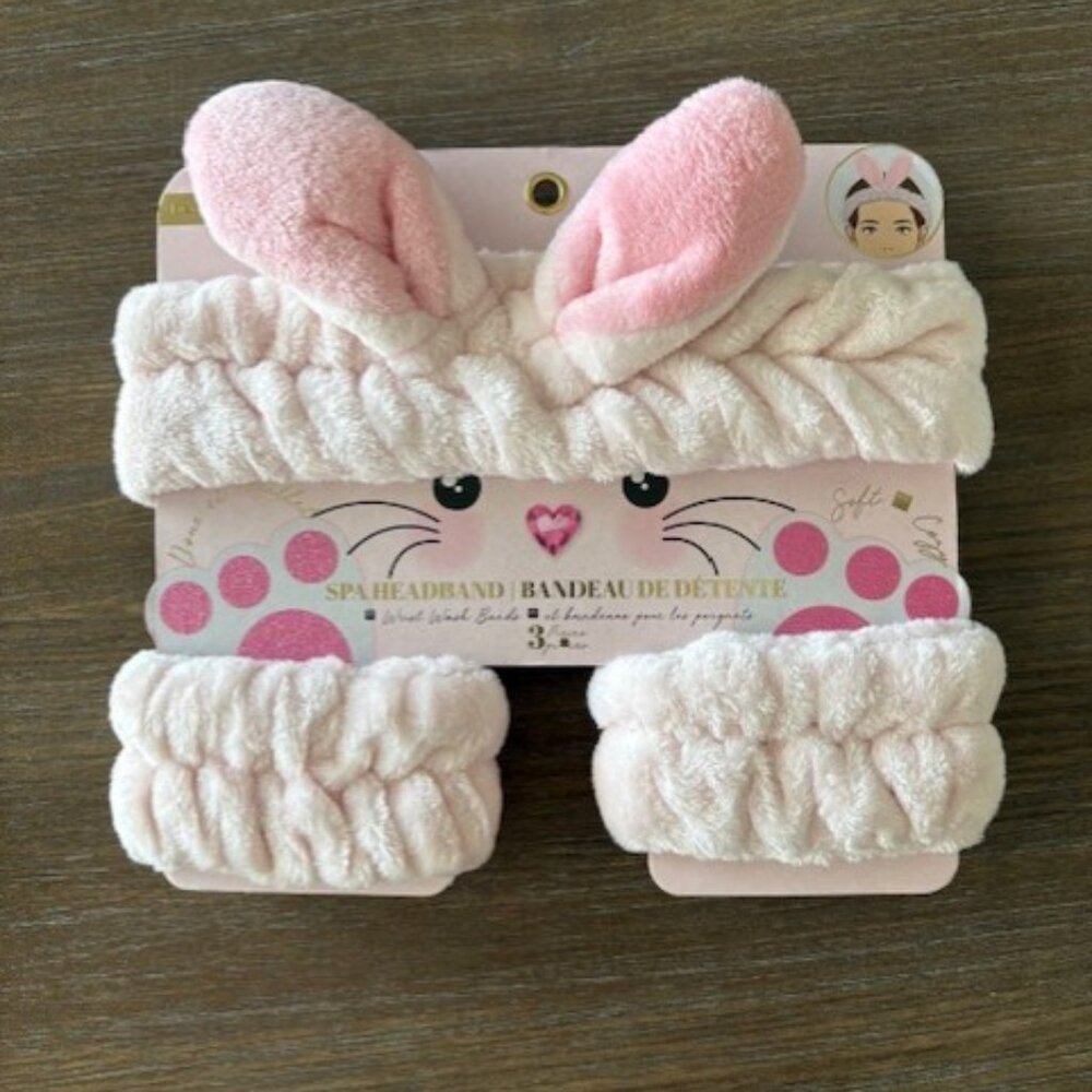 3 Piece Spa Headband & Wrist Wash Band Bunny Ears Light Pink Beauty Concepts